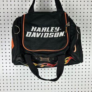 Harley Davidson Flame Duffle Bag Vintage Black Zip Pockets Storage Travel Canvas